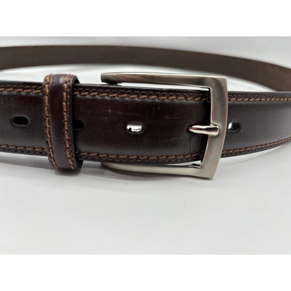 Dockers Men's Brown Leather Belt Size 44 Silver-Tone Buckle Contrast Stitching